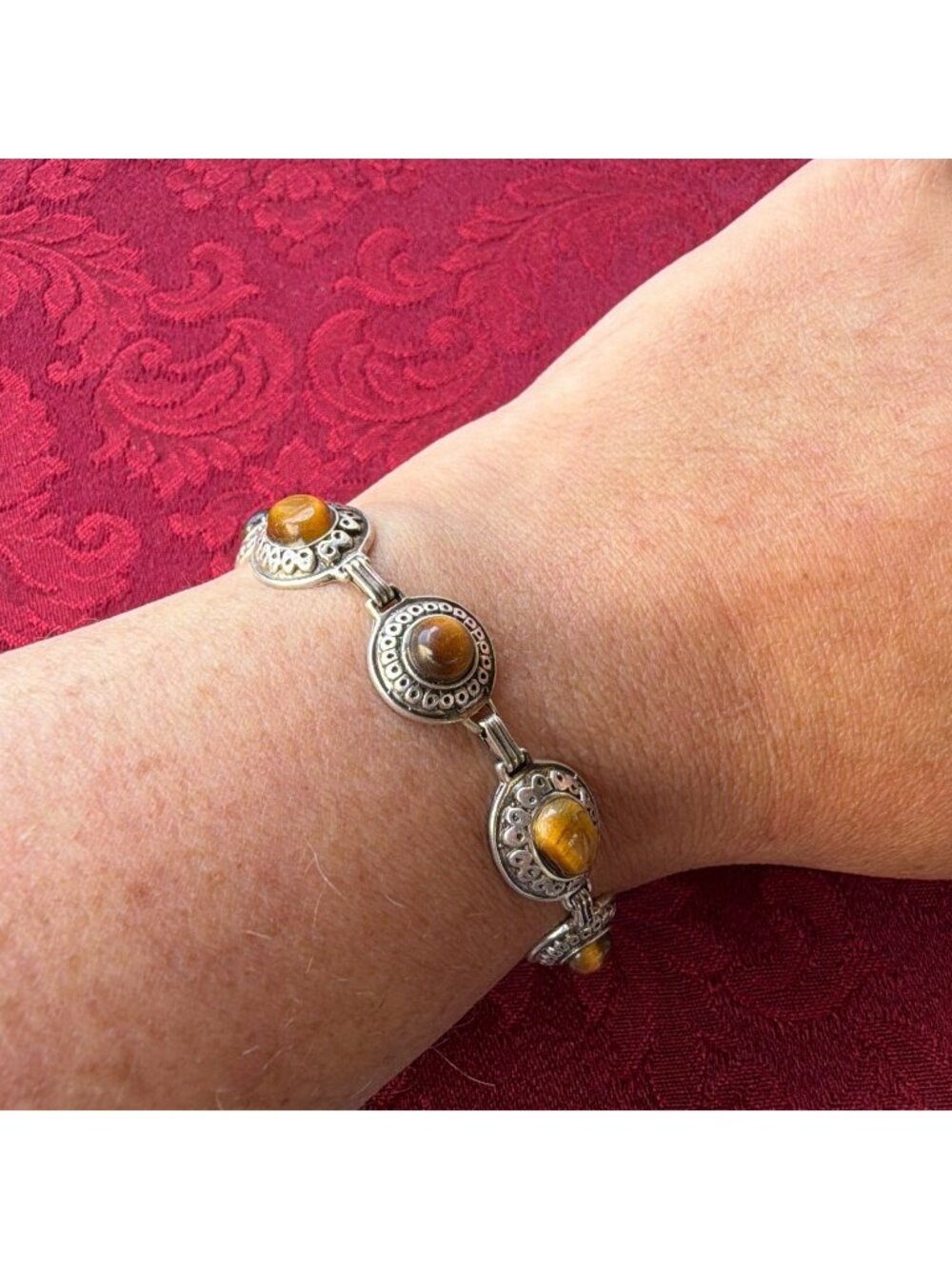Vintage DBJ 925 Sterling Silver Tigers Eye Cabochon Link Bracelet Bezel Jewelry